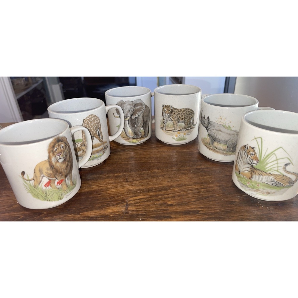 Vintage Stoneware Pottery Rhinoceros Giraffe Lion Safari Japan Coffee Mugs Set 6